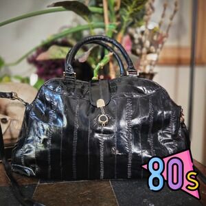 Black Eel Skin Purse Handbag Vintage 80s Doctor Bag Shoulder Genuine Leather